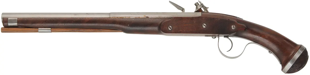 Doglock Flint Pistol,
.56 caliber smoothbore, 13-1/2" octagon-to-round barrel,
walnut, iron trim,
used, by L. Day and Sons