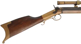 Mowrey Target Rifle,
.50 caliber, 32" barrel, 
percussion, brass frame, walnut, brass forearm,
Dixie Gun Works brass scope, used