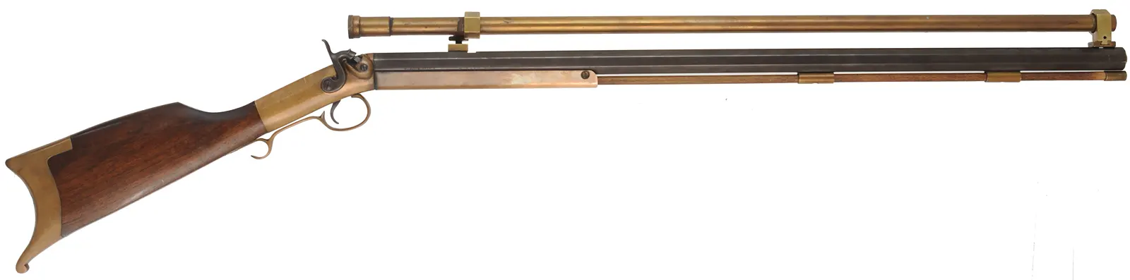 Mowrey Target Rifle,
.50 caliber, 32" barrel, 
percussion, brass frame, walnut, brass forearm,
Dixie Gun Works brass scope, used