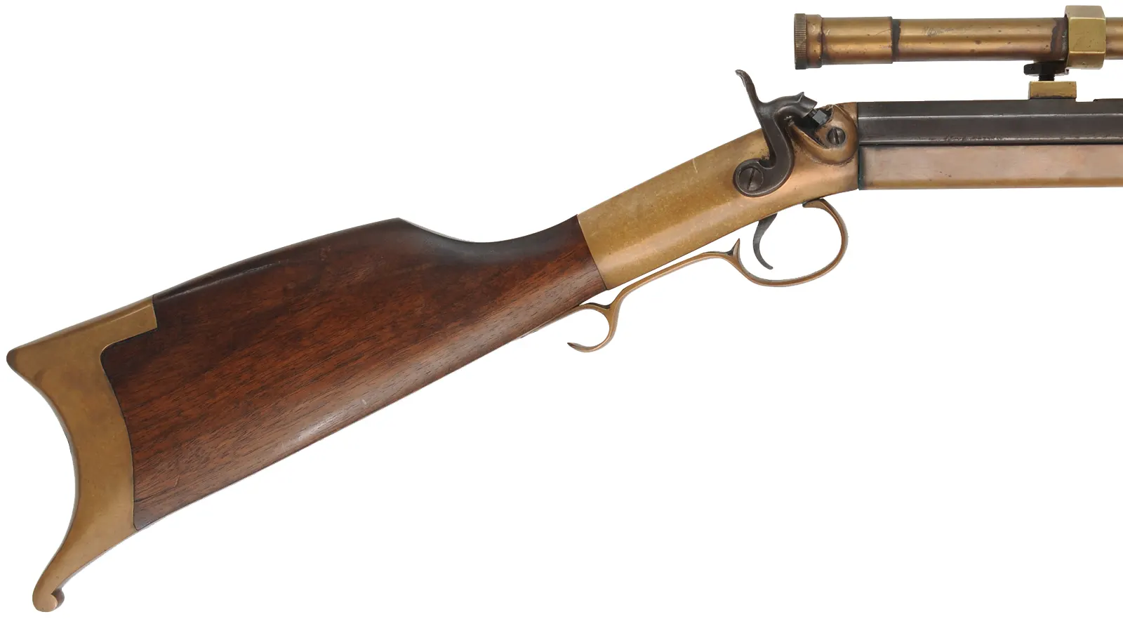 Mowrey Target Rifle,
.50 caliber, 32" barrel, 
percussion, brass frame, walnut, brass forearm,
Dixie Gun Works brass scope, used