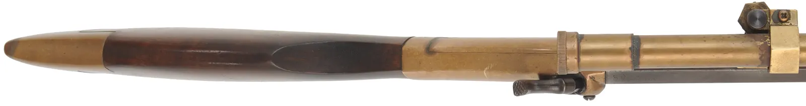 Mowrey Target Rifle,
.50 caliber, 32" barrel, 
percussion, brass frame, walnut, brass forearm,
Dixie Gun Works brass scope, used