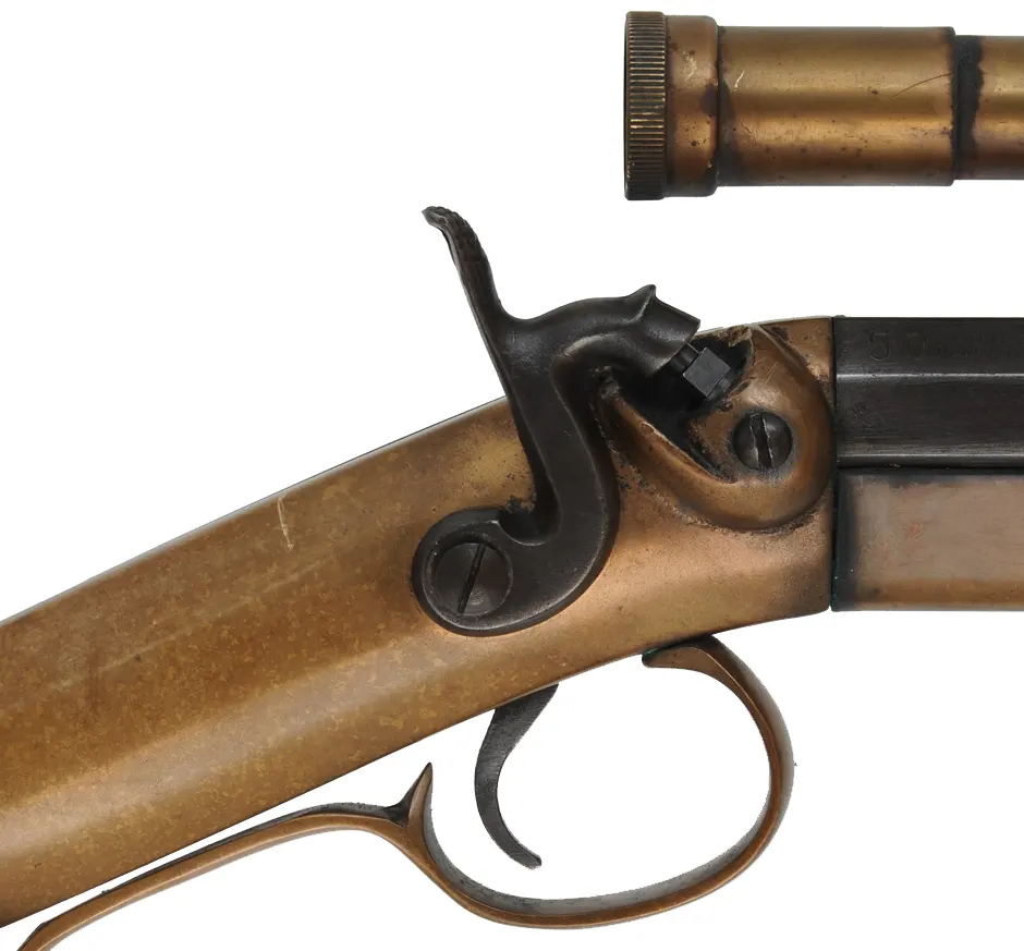 Mowrey Target Rifle,
.50 caliber, 32" barrel, 
percussion, brass frame, walnut, brass forearm,
Dixie Gun Works brass scope, used
