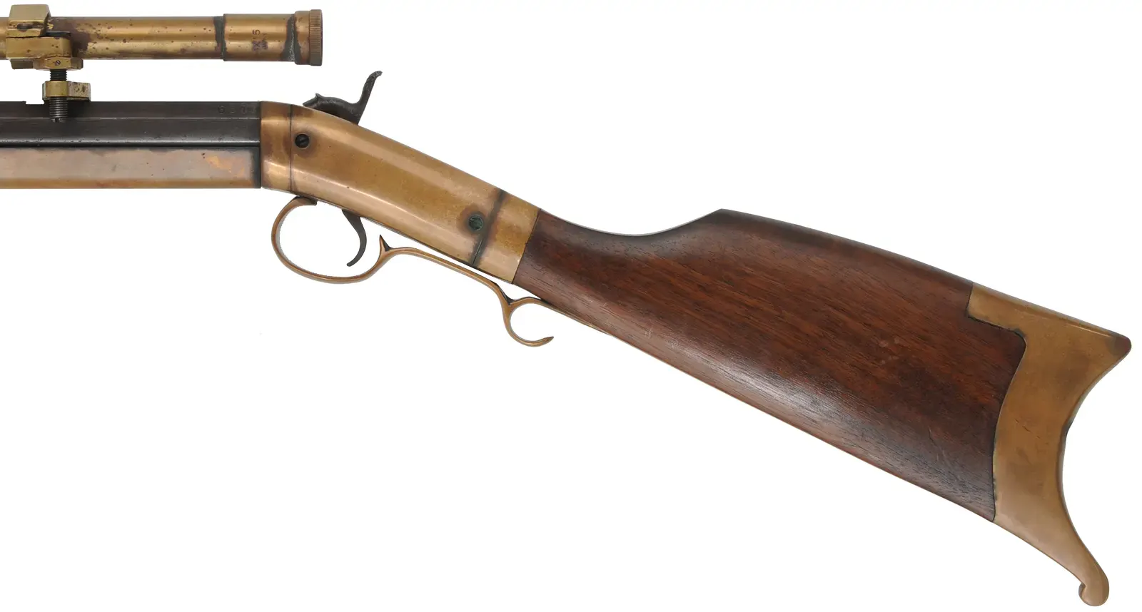 Mowrey Target Rifle,
.50 caliber, 32" barrel, 
percussion, brass frame, walnut, brass forearm,
Dixie Gun Works brass scope, used