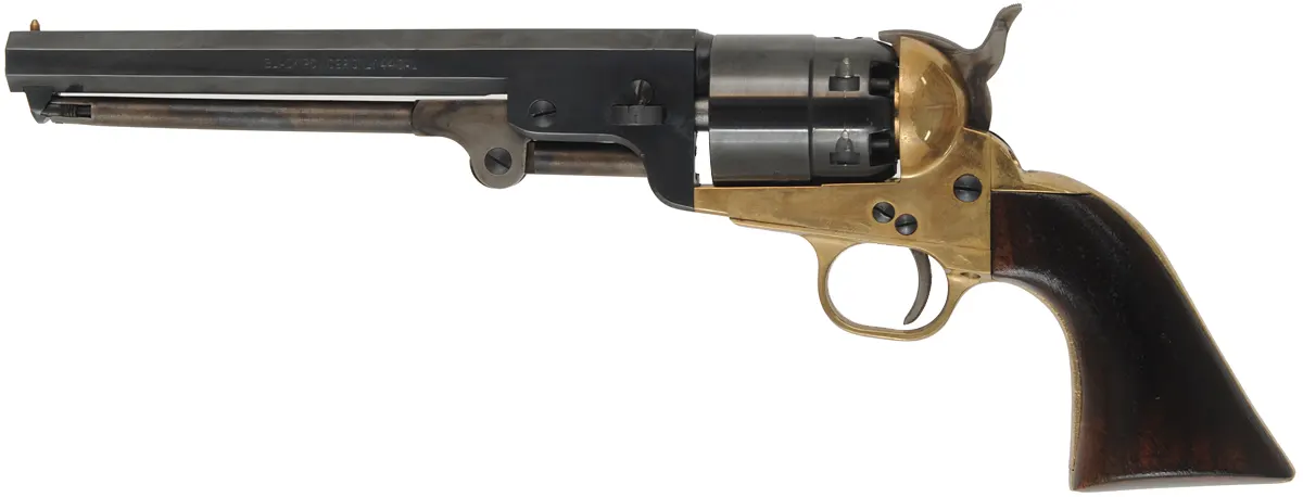 1851 Colt Navy Revolver,
.44 caliber, 7-1/2" barrel,
percussion, brass frame, reshaped grips,
used, by Pietta