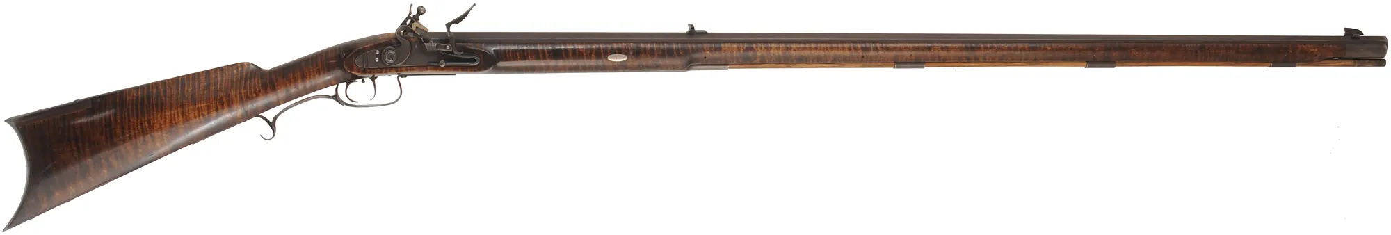 Tennessee Longrifle,
.50 caliber, 42" tapered barrel,
Siler flintlock, curly maple, iron trim,
used, signed by C.O. Jossens