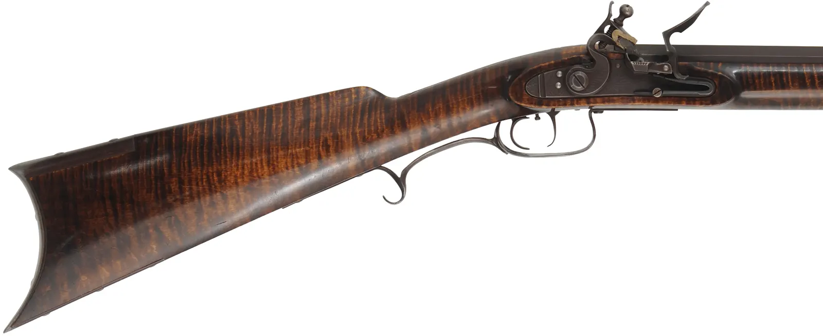 Tennessee Longrifle,
.50 caliber, 42" tapered barrel,
Siler flintlock, curly maple, iron trim,
used, signed by C.O. Jossens