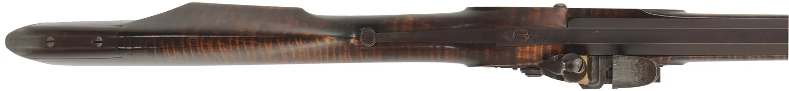 Tennessee Longrifle,
.50 caliber, 42" tapered barrel,
Siler flintlock, curly maple, iron trim,
used, signed by C.O. Jossens