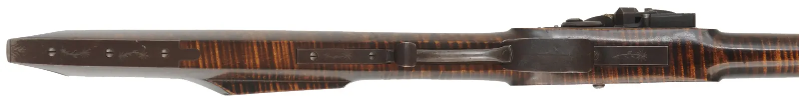 Tennessee Longrifle,
.50 caliber, 42" tapered barrel,
Siler flintlock, curly maple, iron trim,
used, signed by C.O. Jossens