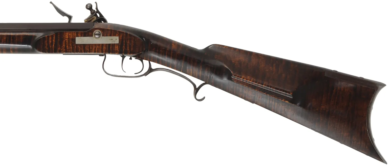 Tennessee Longrifle,
.50 caliber, 42" tapered barrel,
Siler flintlock, curly maple, iron trim,
used, signed by C.O. Jossens