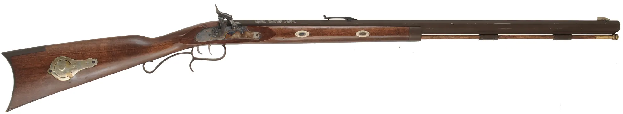 Traditions Mountain Rifle,
.50 caliber, 32" barrel,
percussion, beech, brass furniture with silver accents, 
used, by Traditions