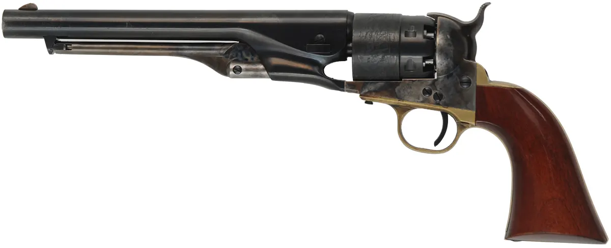 1860 Colt Army Revolver,
.44 caliber, 8" barrel, 
percussion, steel frame, walnut,
leather belt & holster, extra cylinder,
used, by A. Uberti & Co.