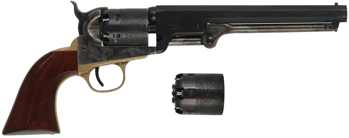 Colt 1851 Navy Revolver,
.36 caliber, 7-1/2" barrel,
percussion, blued, walnut, 
leather holster, extra cylinder,
used, factory box, by A. Uberti