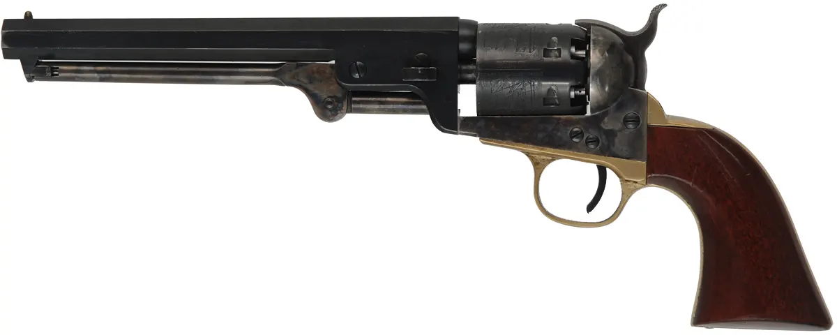 Colt 1851 Navy Revolver,
.36 caliber, 7-1/2" barrel,
percussion, blued, walnut, 
leather holster, extra cylinder,
used, factory box, by A. Uberti
