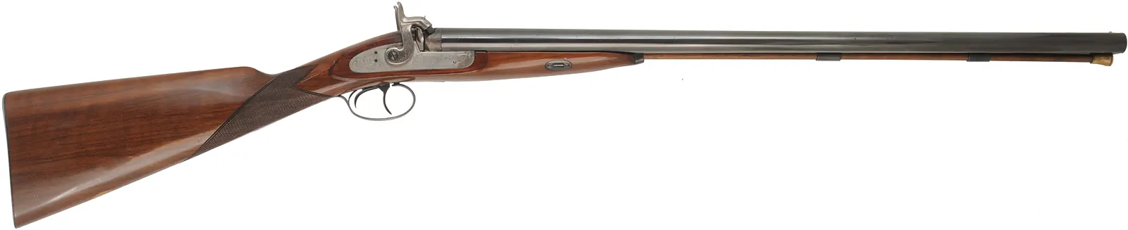 Navy Arms Double Shotgun,
12 gauge, 28" barrels,
percussion, checkered walnut, blued steel,
used, manufactured by Pietta