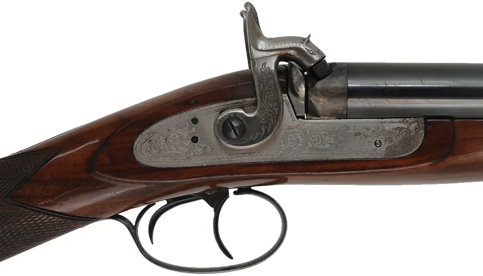 Navy Arms Double Shotgun,
12 gauge, 28" barrels,
percussion, checkered walnut, blued steel,
used, manufactured by Pietta