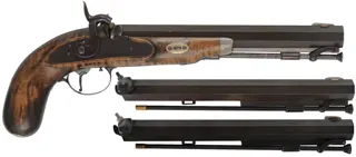 Hawken Pistol,
.54, .58, & .62 caliber, 10" barrels, 
percussion, maple, iron and nickel silver trim,
used, by R.S. Hannahs