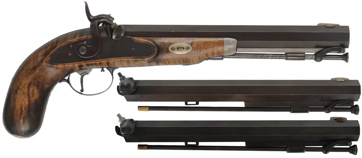 Hawken Pistol,
.54, .58, & .62 caliber, 10" barrels, 
percussion, maple, iron and nickel silver trim,
used, by R.S. Hannahs