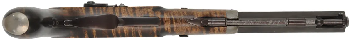Hawken Pistol,
.54, .58, & .62 caliber, 10" barrels, 
percussion, maple, iron and nickel silver trim,
used, by R.S. Hannahs