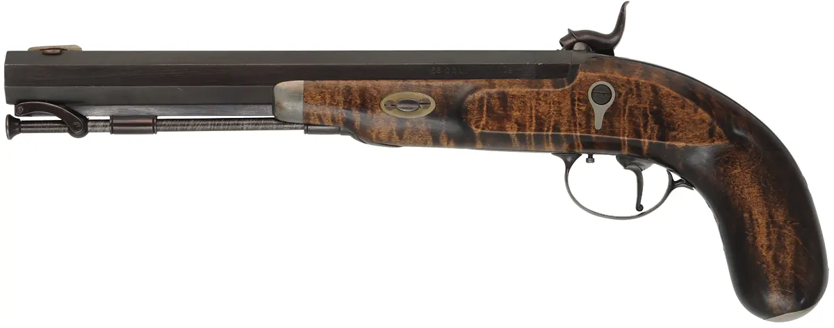 Hawken Pistol,
.54, .58, & .62 caliber, 10" barrels, 
percussion, maple, iron and nickel silver trim,
used, by R.S. Hannahs