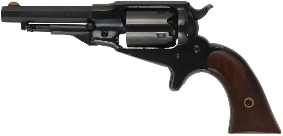 Remington Pocket Model Revolver,
.31 caliber, 3-1/2" barrel,
percussion, steel frame, spur trigger, 
two extra cylinders,
used, by Pietta