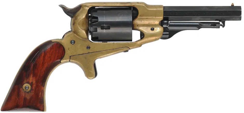 Remington Pocket Model Revolver,
.31 caliber, 3-1/2" barrel, 
percussion, brass frame, spur trigger, 
used, by A.S.M. 