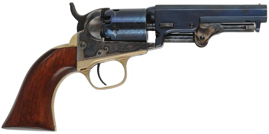 1849 Colt Pocket Model Revolver,
.31 caliber, 4" barrel,
percussion, charcoal blue, walnut,
used by A. Uberti