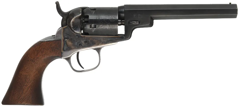 1849 Colt Pocket Model Revolver,
.31 caliber, 5" barrel,
percussion, silver plated brass, walnut,
used, weak hand spring, by A. Uberti