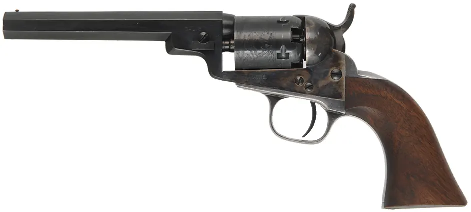 1849 Colt Pocket Model Revolver,
.31 caliber, 5" barrel,
percussion, silver plated brass, walnut,
used, weak hand spring, by A. Uberti