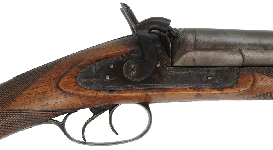Antique English Double Shotgun,
11 gauge, 34" barrels,
percussion, walnut, iron trim, 
locks marked Edward Middleton