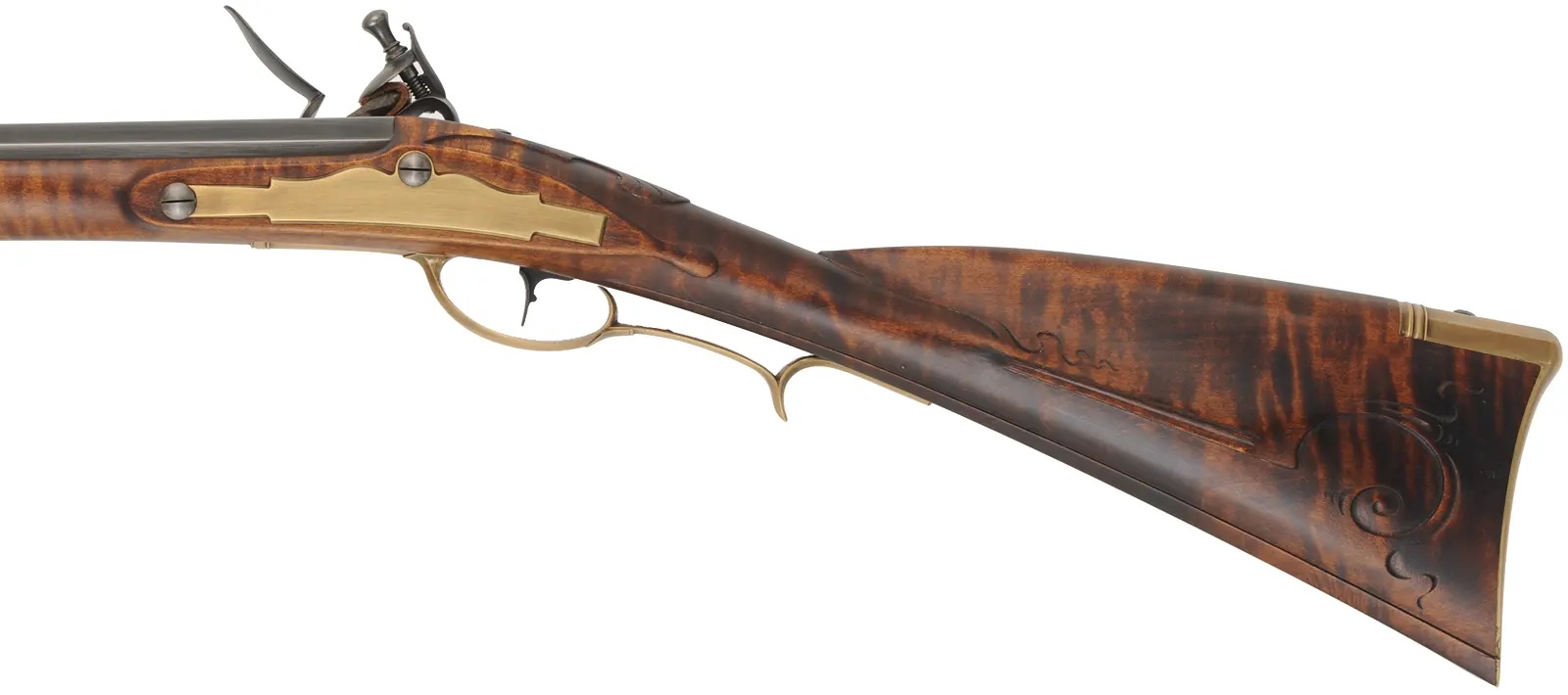 Virginia Valley Longrifle,
.54 caliber,  39-3/4" swamped barrel, 
round faced flintlock, curly maple, brass,
new, unfired 
