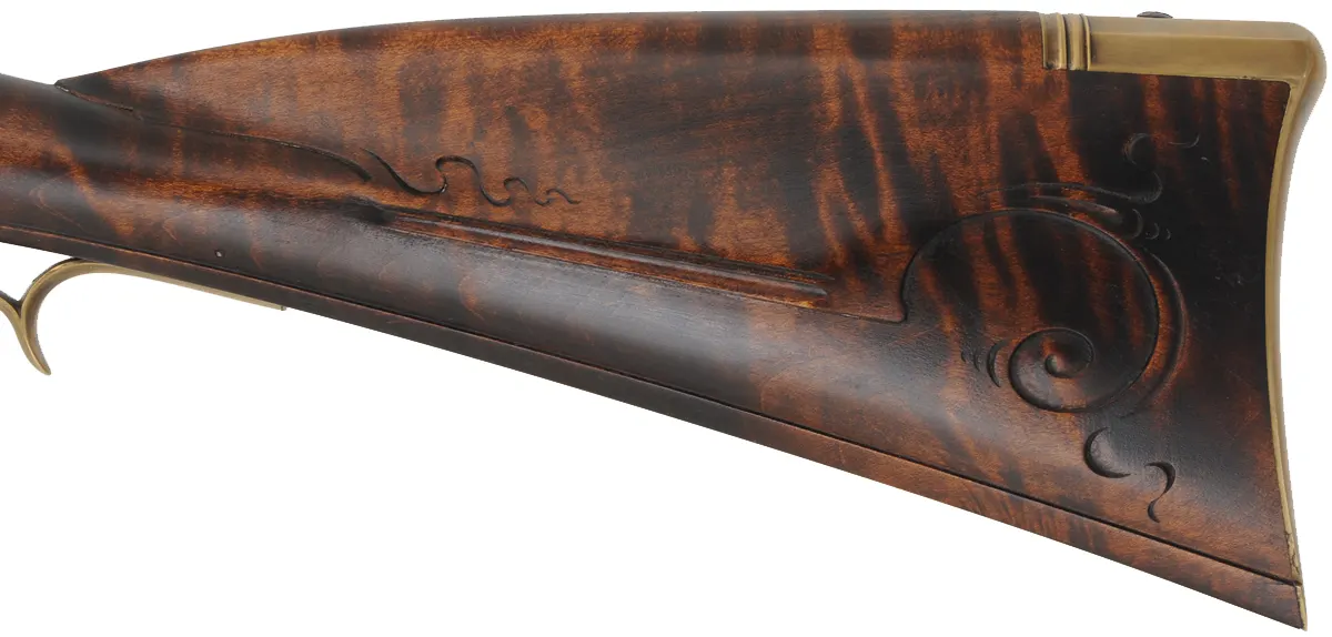 Virginia Valley Longrifle,
.54 caliber,  39-3/4" swamped barrel, 
round faced flintlock, curly maple, brass,
new, unfired 