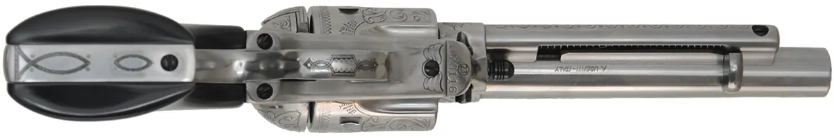 Uberti 1873 Cattleman,
caliber .45 Colt, 5-1/2" barrel,
engraved, black buffalo polymer grips,
as-new, with factory box, by Aldo Uberti ~ Italy