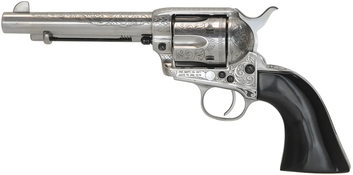 Uberti 1873 Cattleman,
caliber .45 Colt, 5-1/2" barrel,
engraved, black buffalo polymer grips,
as-new, with factory box, by Aldo Uberti ~ Italy