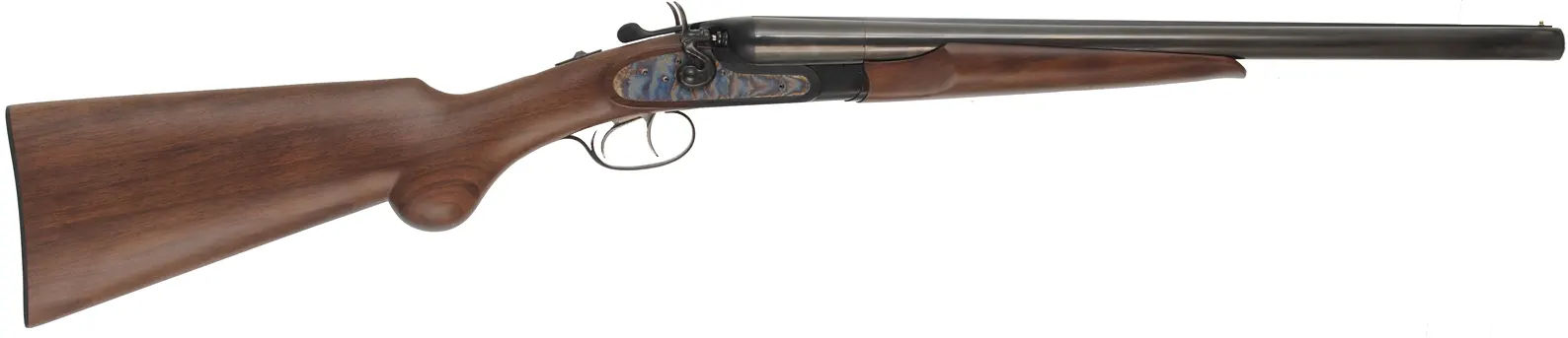 1878 Coach Gun,
12 gauge 3" chambers, 20" barrels,
checkered walnut, iron trim,
as-new, with box, by Pietta