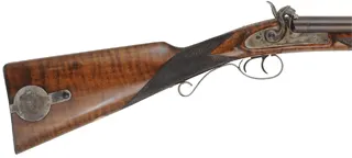 Old English Double Shotgun,
12 gauge with choke tubes, 27-9/16" barrels,
percussion, maple, color case hardened,
new, with box, by Davide Pedersoli
