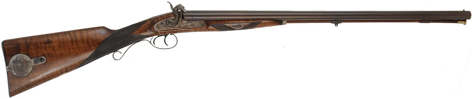 Old English Double Shotgun,
12 gauge with choke tubes, 27-9/16" barrels,
percussion, maple, color case hardened,
new, with box, by Davide Pedersoli