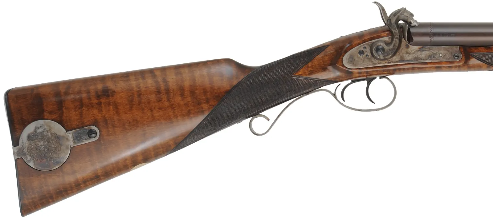 Old English Double Shotgun,
12 gauge with choke tubes, 27-9/16" barrels,
percussion, maple, color case hardened,
new, with box, by Davide Pedersoli