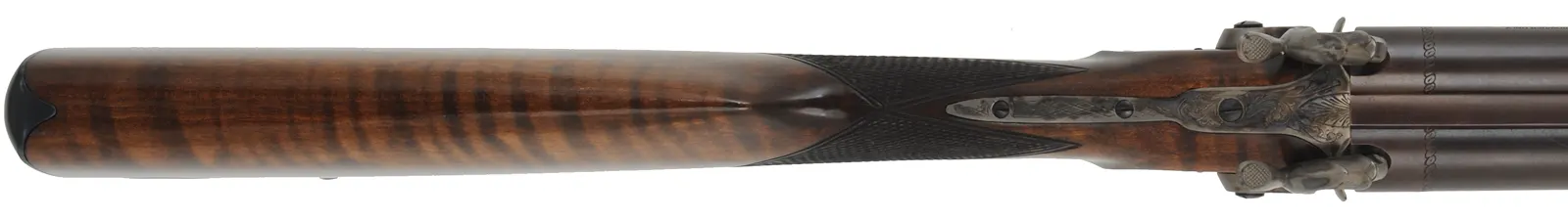 Old English Double Shotgun,
12 gauge with choke tubes, 27-9/16" barrels,
percussion, maple, color case hardened,
new, with box, by Davide Pedersoli