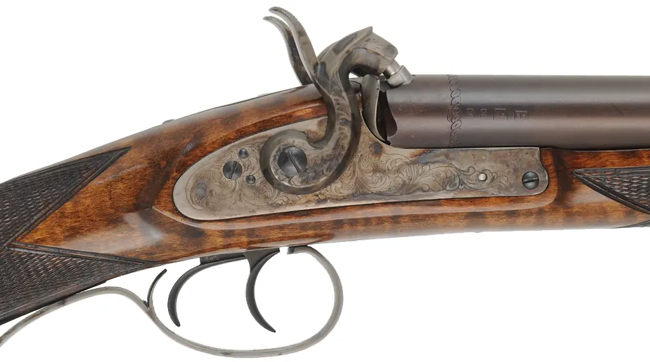 Old English Double Shotgun,
12 gauge with choke tubes, 27-9/16" barrels,
percussion, maple, color case hardened,
new, with box, by Davide Pedersoli