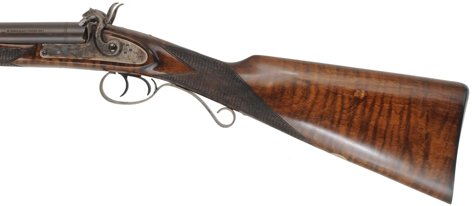 Old English Double Shotgun,
12 gauge with choke tubes, 27-9/16" barrels,
percussion, maple, color case hardened,
new, with box, by Davide Pedersoli