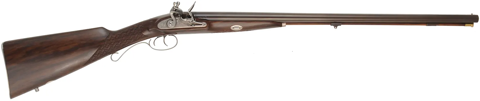 Classic Deluxe Double Barrel Flint Shotgun,
20 gauge, 28" barrels,
flintlock, checkered walnut, iron,
new, in case, by Davide Pedersoli