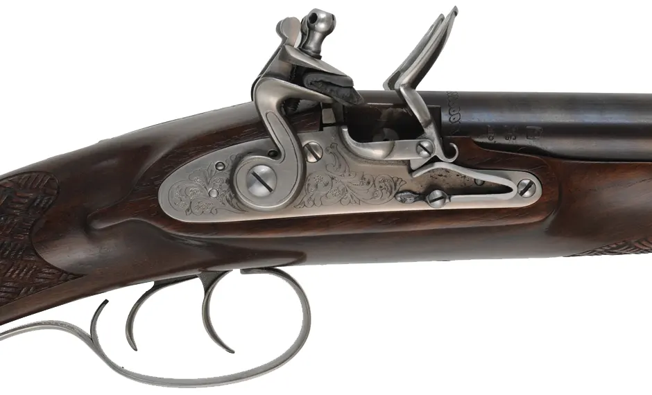 Classic Deluxe Double Barrel Flint Shotgun,
20 gauge, 28" barrels,
flintlock, checkered walnut, iron,
new, in case, by Davide Pedersoli