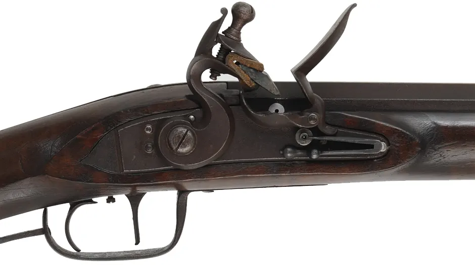 Southern Mountain Rifle, 
.36 caliber, 44" swamped Green Mountain barrel,
Chamber's Ketland flintlock, maple, iron,
used, attributed to J. Schell
