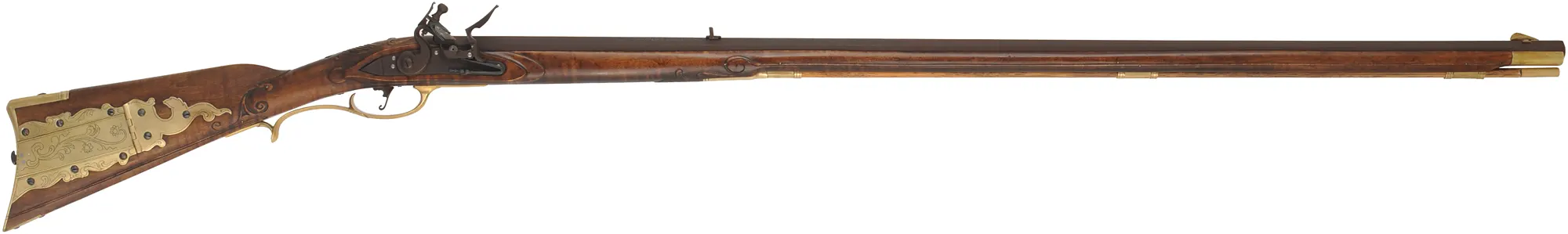 J. Bonewitz Longrifle,
.50 caliber, 42" Rice swamped barrel,
Chamber's flintlock, curly maple, brass,  
new, by J. Bohan