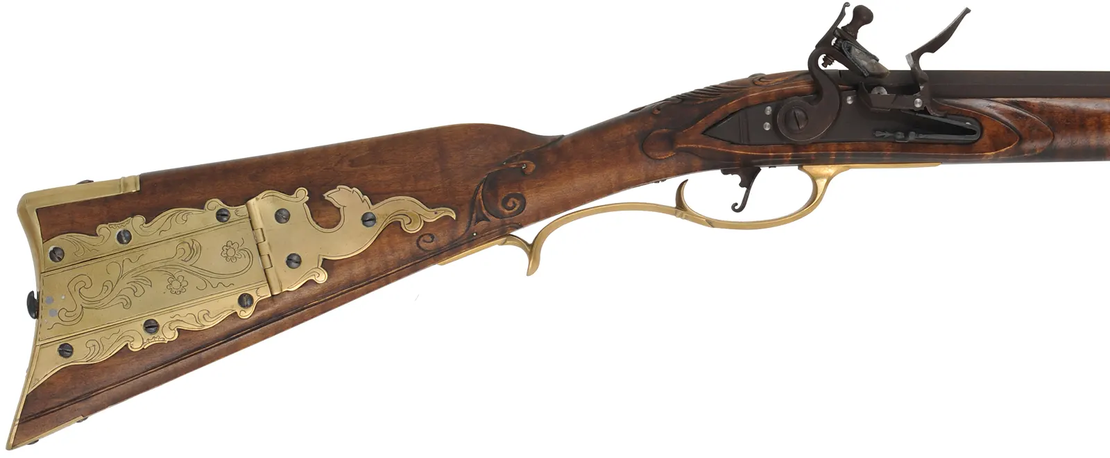J. Bonewitz Longrifle,
.50 caliber, 42" Rice swamped barrel,
Chamber's flintlock, curly maple, brass,  
new, by J. Bohan
