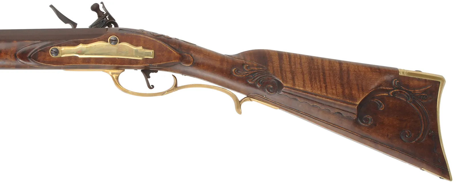 J. Bonewitz Longrifle,
.50 caliber, 42" Rice swamped barrel,
Chamber's flintlock, curly maple, brass,  
new, by J. Bohan