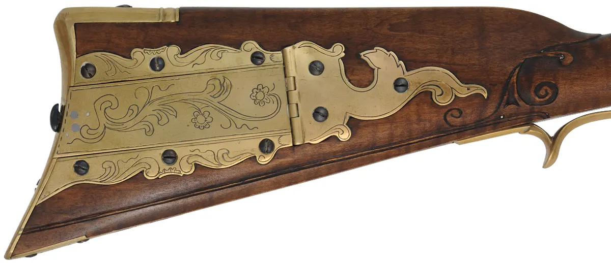 J. Bonewitz Longrifle,
.50 caliber, 42" Rice swamped barrel,
Chamber's flintlock, curly maple, brass,  
new, by J. Bohan