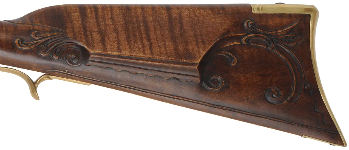 J. Bonewitz Longrifle,
.50 caliber, 42" Rice swamped barrel,
Chamber's flintlock, curly maple, brass,  
new, by J. Bohan
