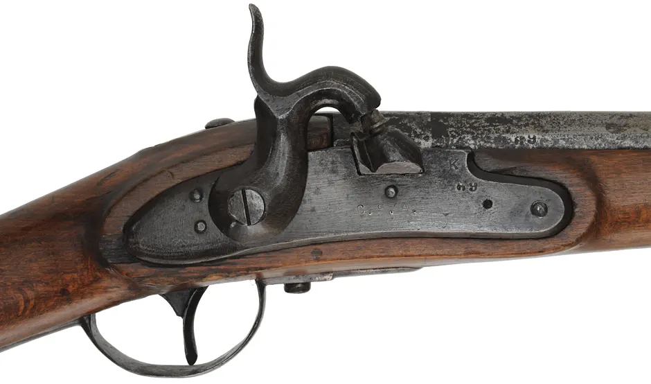 Austrian Model 1842 Rifle,
.71 caliber, 33-1/4" barrel,
percussion conversion, beech, iron, 
missing rear sight and sideplate, antique