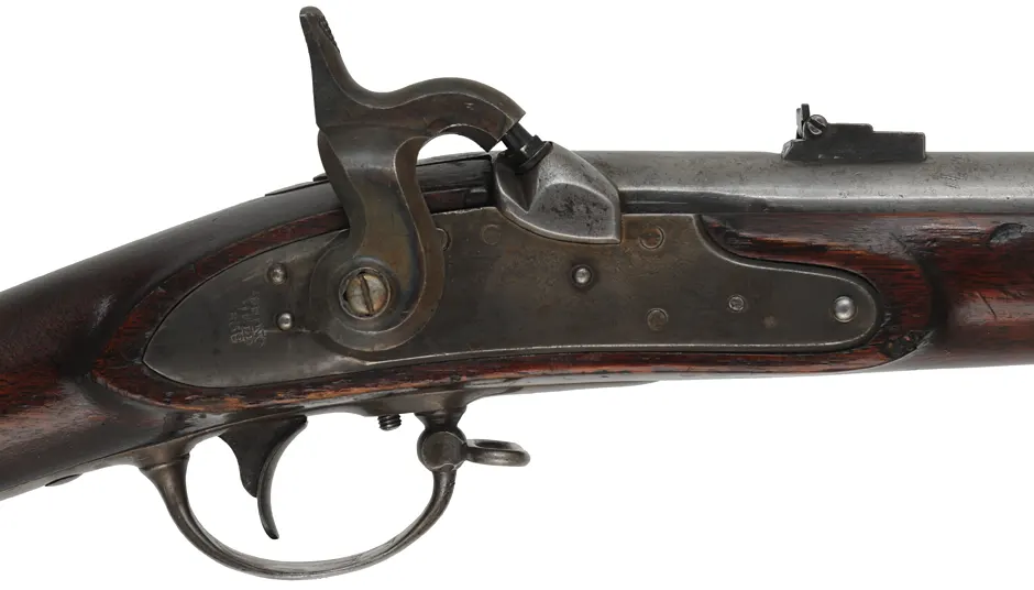 U. S. Model 1816 Musketoon Conversion,
.69 caliber, 29-1/9" barrel with bright bore,
percussion conversion, walnut, iron,
antique, lock dated 1839, by Springfield